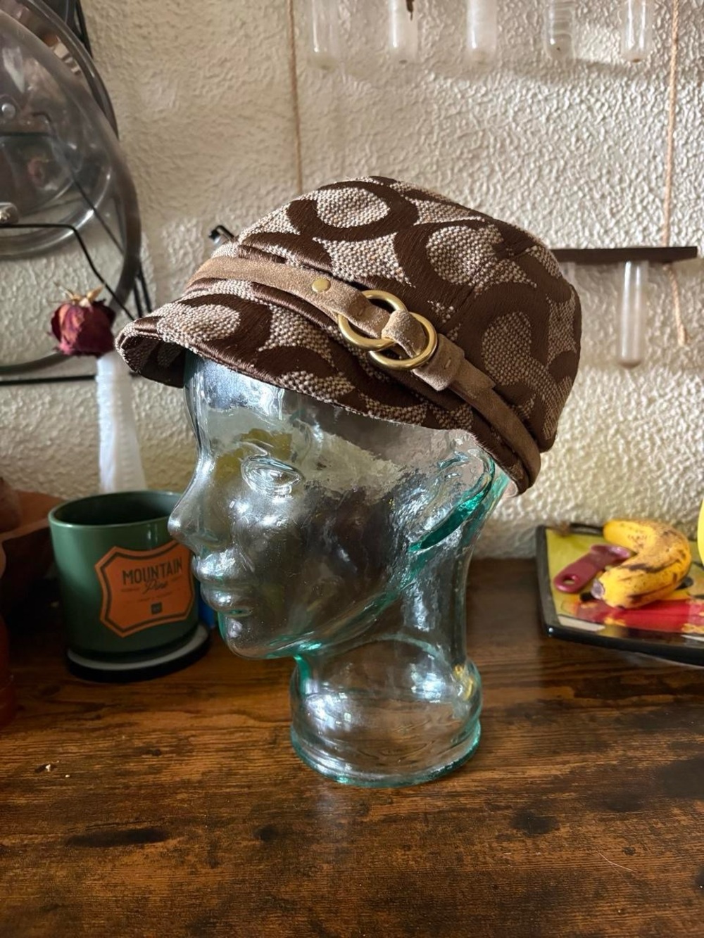 Coach Brown Signature Print Newsboy Cap with Buckle Detail